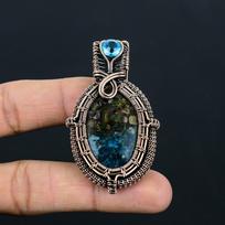 Watermelon Tourmaline & Blue Topaz Gemstone Handmade Pure Copper Wire Wrapped Pendant Jewelry 2.56 inches mėlyna