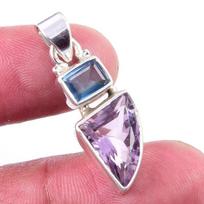 Natural Pink Amethyst,Blue Topaz Gemstone 925 Solid Silver Pendant 1.25'' R0p60