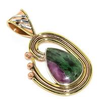 Ruby In Zoisite Lab-Created 925 Sterling Silver Gift Two Tone Pendant 1.75  I3K30