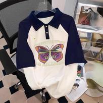 Summer New Casual Polo Collar T-shirt Women Short Sleeve Fashion Elegant Tops Female Button Design Streetwear Loose Beach Clothing M tamsiai mėlyna/rožinė