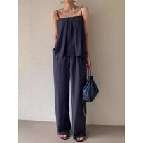 Summer Elegant Solid Sexy Pleated Two Pice Sets Women Ruffle Sleeveless Tops + Wide Leg Pants Female Patchwork Retro Casual Party Beach Suits One Size mėlyna