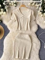French Sweet Knit New Two Piece Sets Women Elegant Lapel Short Sleeve Top Elastic Waist Skirt Suits Summer Vintage Office Clothing One Size abrikosas