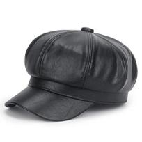 Autumn and Winter Retro Beret Pu Leather Solid Color All-match Octagonal Hat for Women juoda