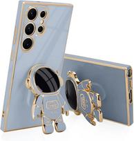 Luxury Astronaut Stand case for Samsung Galaxy S21 S22 Plus S23 FE S24 Ultra Slim Fit Soft Shockproof Bumper Electroplated Cover S23 mėlyna
