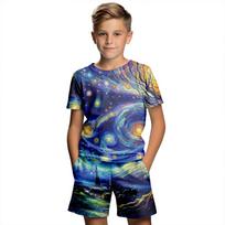 Van Gogh Oil Painting Style 2024 Summer New Party Casual Sport Suit For 4-14 Years Children Kids Boy Girl 3D Print 2Pic Sets 100CM brown