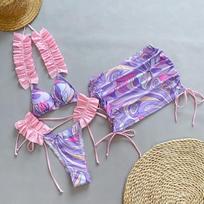 Flower Lace Up Elegant Three Pieces Bikini Set Women Kawaii Swimsuit Sexy Push Up Bathing Suit Female Design Beach Party Chic Suits S violetinė