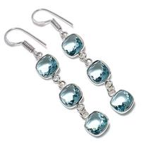 Swiss Blue Topaz Gemstone Handmade 925 Sterling Silver Earring 2.25  y5W71
