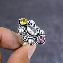 White Topaz,Citrine Gemstone Handmade 925 Sterling Silver Gift Ring Size 10 s5A81