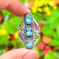 Šveicariškas mėlynasis topazas Brangakmenis Rankų darbo 925 prabos sidabro Dovaninis žiedas Dydis 10.5 I3z34