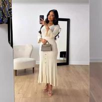 Knitted V-neck Slim Long Flare Sleeve Button Solid Women Dress Holiday Summer Autumn Pleated Lady Robe S balta