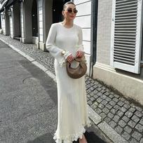 Knitted Fungus Female Long Dress Flare Sleeve Backless Lace Up Hip Package Autumn Lady Robes S balta