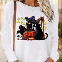Tops For Women Halloween Witch Cat Print Round Neck Long Sleeve T-shirt Fall Casual Slim Pullover Women's Long Sleeve Top XS balta