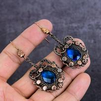 Natural Blue Topaz Gemstone Handmade Copper Wire Wrap Jewelry Earring 2.68  L7W14