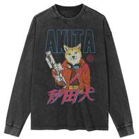 Streetwear japoniškos akitos grafinis plautas juodas medvilninis unisex viršus marškinėliai didelio dydžio ilgas marškinėlis S juoda