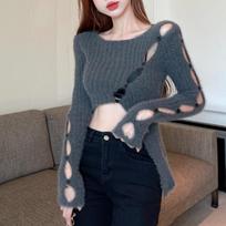 Autumn New Hollow Out Long Sleeve Knitted Sweater Women Street Irregular Slanted Sexy Pullover Sweaters Women Slim Fit O Neck Cropped Knitwears 24794 One Size pilka spalva