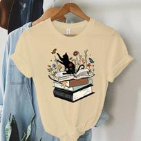 Cat with Book Print T Shirt Unisex Floral Wildflower T-Shirt Summer Short Sleeves T-Shirts Book Lover Literature FeUnisex Tops Tops Unisex L