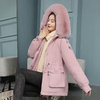 Plus Size Winter Women Solid Color Long Sleeve Drawstring Fur Collar Pockect Warm Coat Jacket M rožinė
