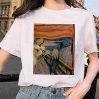 „Van Gogh Cat“ moteriški marškinėliai „Art“ aliejiniai dažai su tinklelio spausdinimu Mieli moteriški marškinėliai L balta