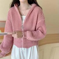 Casual Hooded Knitted Coat Korean Fashion Zipper Sweater Autumn Winter Thick Cardigan 2024 Women Tops Long Sleeve Clothes 28873 One Size rožinė