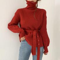 IHUASU Women's Lazy Style High Collar Tie Sweater Jacket Autumn and Winter Bubble Sleeve Knit Top S raudona