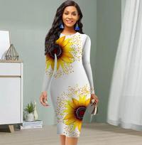 Ilgi Rankogaliai Susiaurinta Liemenė Biuro Slim Fit Saulėgrąžų Spaudinys Elegantiška Bodycon Suknelė 8XL juoda