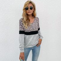 Leopard Print Patchwork Long Sleeved Top Women's V-neck Pullover Casual Hoodie Loose Simple Commut Bottoming Shirt Autumn XL šviesiai pilka spalva