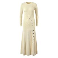 Autumn French Chic Retro Knitted Dress Women New Design Elegant Long Sleeve Fashion Clothes Aesthetic Solid Single Breasted Party Dresses S smėlis