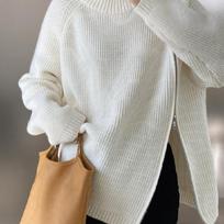 Lazy Style High Neck Zipper Solid Color High-end Knitted Sweater for Outerwear, Loose Long Sleeved Warm Top for Outerwear One Size