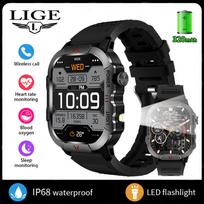 LIGE LED žibintuvėlis vyriškas išmanusis laikrodis 2,01 colio HD ekranas Sveikas lauko sportui atsparus vandeniui vyriškas išmanusis laikrodis silicone strap juoda