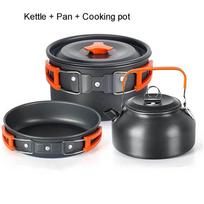 Aliuminio lauko stovyklavimo indų rinkinys su tinkliniu maišeliu, sulankstoma Cookset Camping virtuvės arbatinuko ir keptuvių įranga