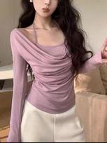 Autumn French Fashion Retro Sexy Tops Women Elegant Slim Fake Two Piece T Shirt Streetwear New Design Chic Pretty Clothing 2024 S violetinė
