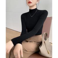 Autumn and Winter Semi High Neck Knitted Sweater Women Long Sleeve Solid Casual Base Sweaters Tops Office Lady Elegant Slim Fit Knitwear Jumper 25049 One Size juoda