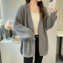 Autumn New Loose Casual Plus Size Sweater Cardigan Women Fashion Winter Warm Cardigans Jacket Female Solid Elegant Vintage Ladies Knitwears Coat 25097 One Size pilka spalva