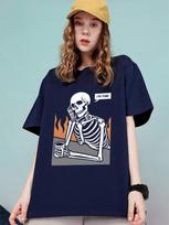 Skeletons In Meditation And Keep Alone Women Tops Cotton O-Neck Tees Summer Loose Clothing Oversized T-Shirts S tamsiai mėlyna spalva