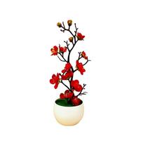 1PC Office Desktop Bonsai Vase Ornament Silk Flower Artificial Potted Plants Plum Flower Background raudona
