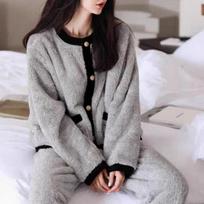 Pajamas Women's Autumn and Winter Plus Velvet Thick Coral Velvet Sweet and Cute Home Service To Keep Warm Two Pieces Set of Winter XXL pilka