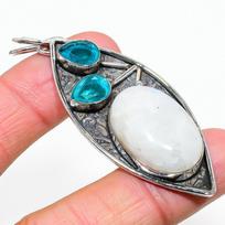 Natural Rainbow Moonstone,Blue Topaz 925 Sterling Silver Pendant 2.72  N2Z60