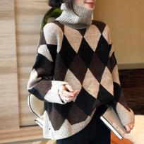 GMXIA Autumn and Winter Women's High-neck Thick Lazy Wind Loose Rhombus Pullover Sweater Jumper One size chaki