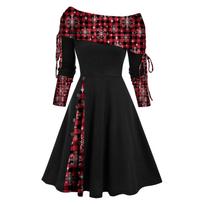 Convertible Neck Cinched Striped Flare A Line Dress Long Sleeve Dress For Women L juoda