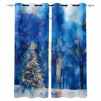 Watercolor Christmas Tree Snow Scene Forest Blackout Curtains For Living Room Bedroom Window Treatment Blinds Kitchen Drapes W135 x H60cm