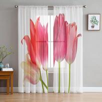 Tulips Red Flower Modern Curtains For Living Room Transparent Tulle Curtains Window Sheer For The Bedroom Accessories Decor W135 x H114cm pink