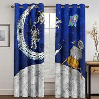 Space Astronauts Planet Cartoon High Shading Curtains Graffiti Colorful Kids 3D Blackout Window Drape for The Living Room New W55 X H120cm X 2&HOOK