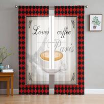 Plaid Coffee Eiffel Tower Love Chiffon Sheer Curtains for Living Room Bedroom Home Decoration Window Voile Tulle Curtain Drapes W135 x H114cm white