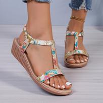 Fashion 2024 New Women Wedge Sandals Summer Bohemia Rhinestones Casual Platform Sandals Female Peep Toe Outdoor Beach Shoes for Women 35 smėlis