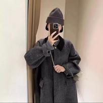 Herringbone Pattern Korean Style Double-sided Wool Coat for Women Loose Doll Collar Lapel Woolen Coat Mid-length Winter S gray