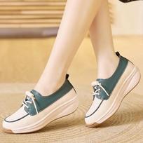 Fashion 2024Large Mom Shoes Autumn Comfortable Soft Sole Round Toe Wedge Platform Breathable White Shoes Casual Rocking Shoes 35 tamsiai žalia spalva