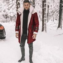 Naujas vyriškas paltas su integruotu kailiu, juodas, penkių sluoksnių, pastorintas kailis, zomšinis M raudona