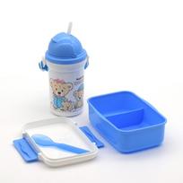 Cartoon Kid's Lunch Box Portable Plastic Bento Box with Water Bottle School Child Snack Box Microwave Food Containers gray