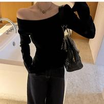 Autumn Long Sleeve Sexy Skew Collar Base Knitted Sweater for Women Winter Fashion Slim Fit Off Shoulder Sweaters Women Solid Chic Short Jumpers 25502 One Size juoda