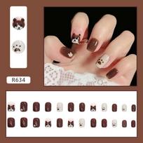 24 Pieces Early Autumn Chestnut Brown Milk Cute Bear Wearing Armor Cute Girl Soft Heart Cute Girl Manicure Piece Fake Nails beige